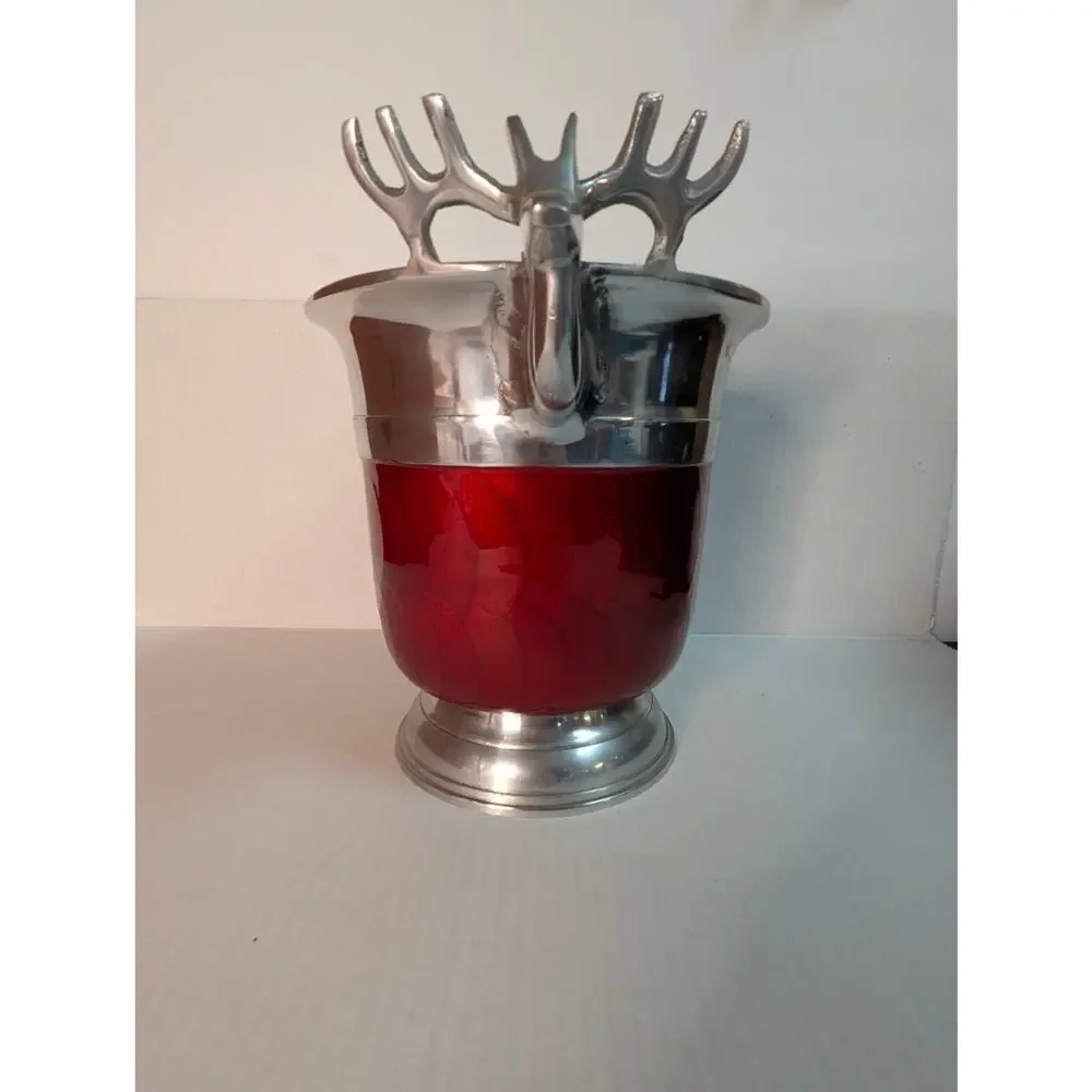 Vintage Red Enamel & Silver Stag Head Ice Bucket champagne Cabin Ski lodge